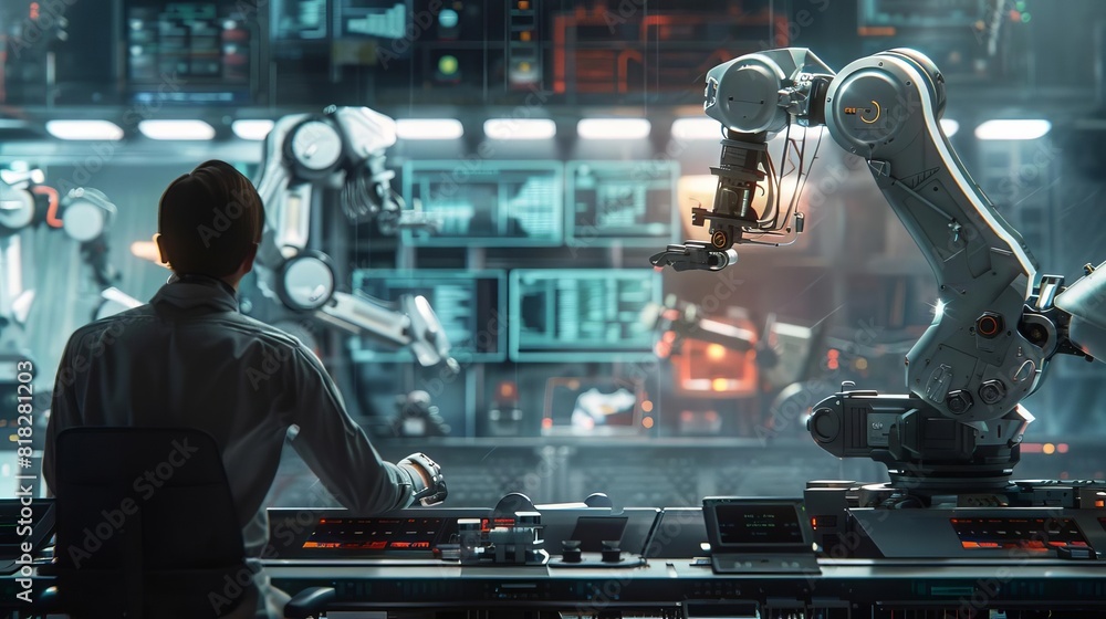 Poster futuristic robotics engineer monitoring automated arms in hightech industrial factory 3d illustratio