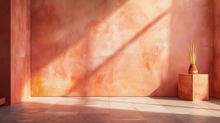 subtle peachtoned textured wall in ambient lighting interior design photography