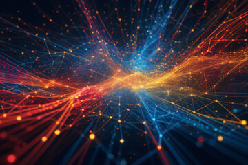 Obraz premium An abstract tech backdrop featuring a cyber network grid and interconnected particles. Artificial neural networks, worldwide data links