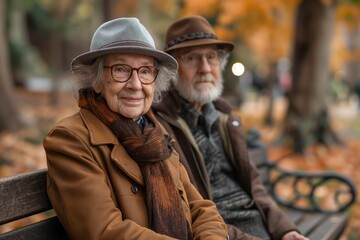 Fototapeta premium Elderly couple sitting on a park bench