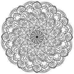 Linear mandala with drops and circles, creative coloring page for kids and adult activity