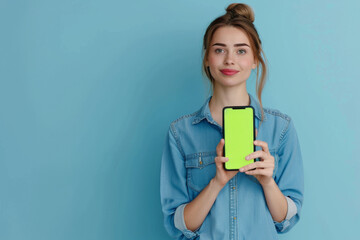 A woman is holding a green phone in front of a blue wall. The phone is turned off and the screen is blank