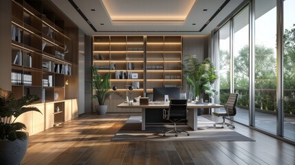 Luxurious business office interior featuring a spacious work area for architects with large desks...