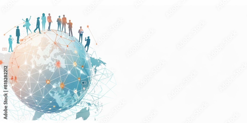 Poster people standing on top of and around a sphere, connected by lines in a light blue color the backgrou