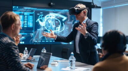 Businessman Presenting Virtual Reality Project to Investors with VR Headsets and Digital Displays