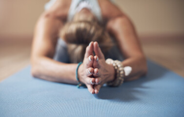 Woman, stretching and prayer hands for yoga, meditation and workout for energy and wellness. Female...