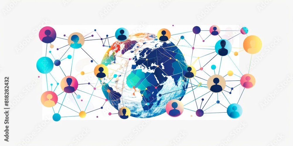 Poster abstract digital network of people and globe, business team working online concept on white backgrou