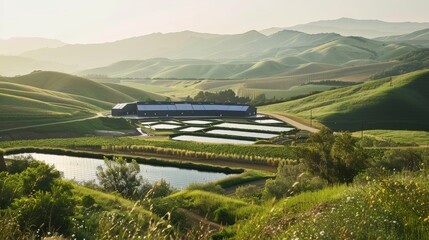 Sustainable Egg Farm with Solar Panels and Water Recycling Systems Against Rolling Hills Backdrop