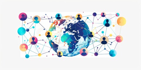 Abstract digital network of people and globe, business team working online concept on white background Generative AI