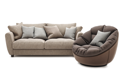 Living room with a sofa with cushions and a comfortable chair isolated on a transparent background