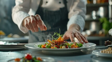 Chef carefully garnishing a gourmet dish, demonstrating fine dining culinary skills in a professional kitchen.