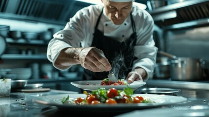 Chef meticulously plating a gourmet dish in a professional kitchen, showcasing culinary artistry with fresh ingredients and precision.