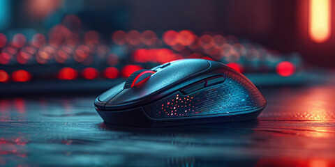 A detailed view of a computer mouse resting on a tabletop
