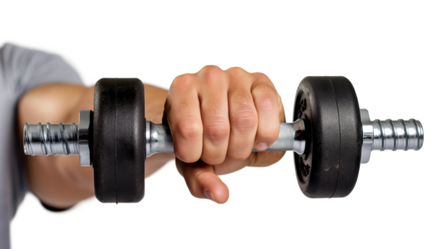 A man holding a dumbbell in a gym isolated on a transparent background