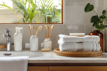 Sustainable Bathroom Decor with Organic Cotton Towels, Eco-Friendly Shampoos, and Bamboo Accessories for Zero Waste Lifestyle