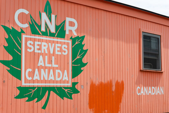 vintage CNR box car at Roundhouse Park part of Toronto Railway Museum located at 255 Bremner Boulevard