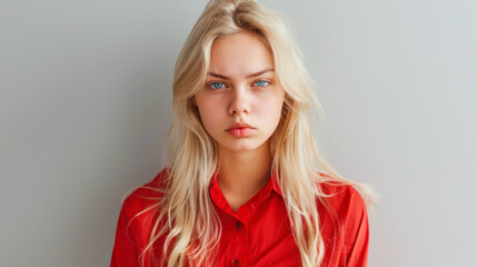 blonde teenage girl with blonde hair and red shirt is looking grumpy into the camera