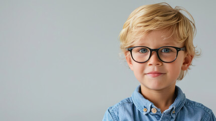 cute five year old boy with blonde hair wearing glasses, copy space