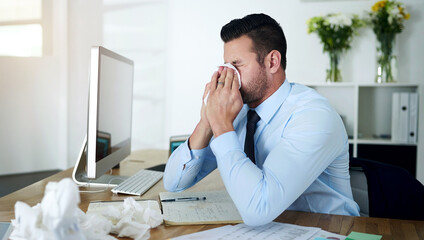 Businessman, allergy and workplace with sneezing, nose and tissue for healthcare as accountant in...