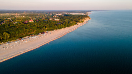 top view of the village of Yantarny in the Kaliningrad region, the Baltic Sea and the beach
