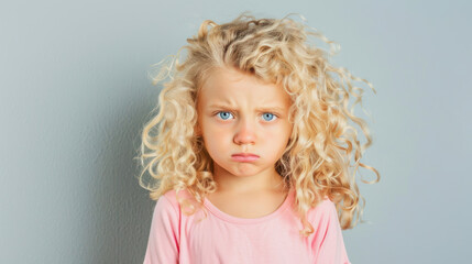 girl with curly blonde hair and pink shirt looks grumpy into camera