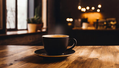 Fototapeta premium hot coffee or tea in a black cup standing on a wooden table in a cafe with a blurred interior in the background. Mockup background with empty space for text, presentation product. Generative AI.