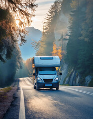 An RV on the road - passenger side - vertical shot