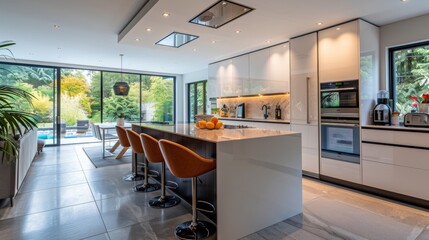 Modern kitchen interior showcasing an open-plan layout with an island, bar stools, and modern lighting