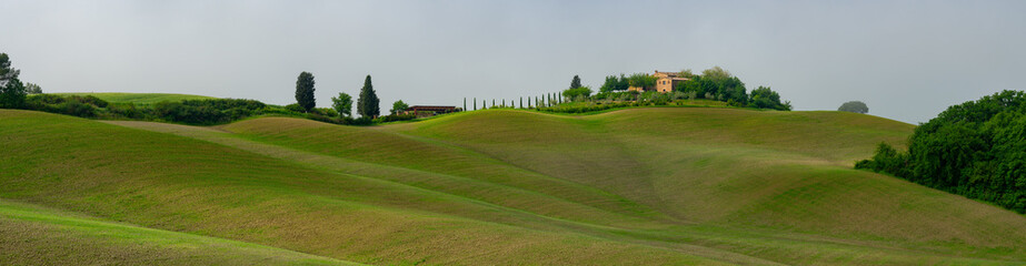 Panoramic Image of Italian Villa in Crete Senesi Area Near Siena in Spring Greenery