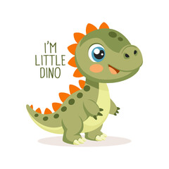 Cute  baby dinosaur on a white background with lettering. Design for greeting cards, invitations, print on clothes. Vector