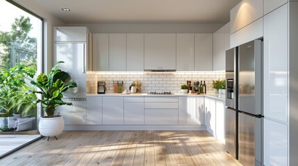 Modern kitchen interior with glossy white cabinets, stainless steel appliances, and a subway tile backsplash