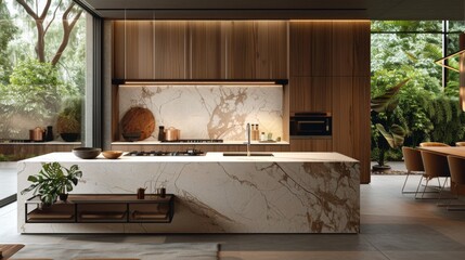 Modern kitchen with a clean, minimalist design, featuring quartz countertops and an integrated cooktop