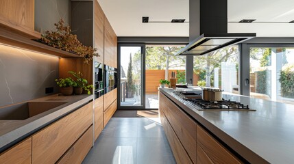 Modern kitchen with a clean, minimalist design, featuring quartz countertops and an integrated cooktop