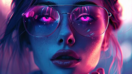 Beautiful Woman Cyberpunk Wearing Glasses Neon Light