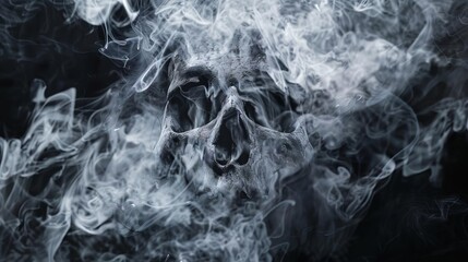 ominous skull formed by swirling white smoke trails cinematic dark atmosphere black background digital art