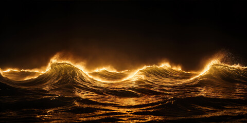 Fiery Waves Illuminating the Dark Ocean Night