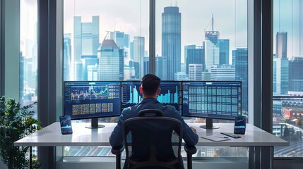 Business Analyst Reviewing Data on Dual Monitors in Modern Office with City Skyline View
