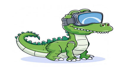 Obraz premium Drawing of cute crocodile wearing virtual reality headset on white background
