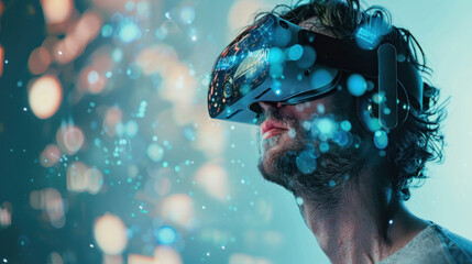 Young man wearing augmented, virtual reality device, cyberpunk
