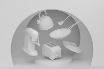 Abstract scene or podium with kitchen appliances and utensils on monochrome.