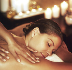 Woman, spa and massage with sleep for wellness in Mauritius, relax with pamper for muscle or body....