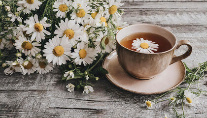 hot herbal tea in a cup standing on a wooden table with hygge composition bouquet of daisies. Mockup background with empty space for text, presentation product. Generative AI.