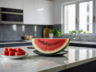 Cut watermelon on the table in the kitchen
