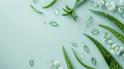 Skincare Design Featuring Aloe Vera Leaves and White Flowers on a Pastel Blue Background – Ideal for Beauty Brands