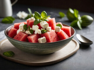 Salad with watermelon, basil and feta cheese
