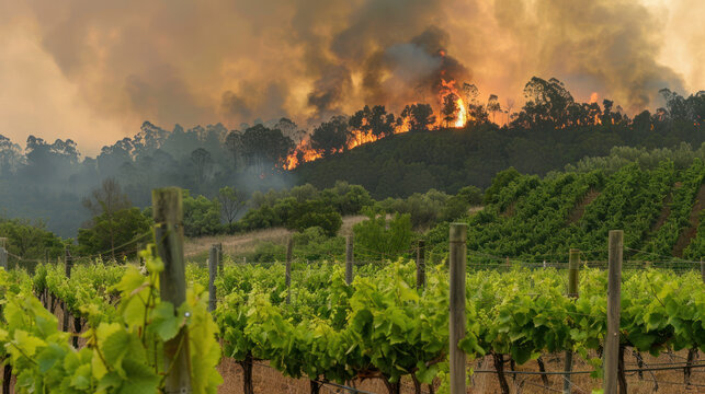 Vineyard and forest fire - grape harvest is in danger, smoke taint, wine spoilage