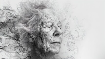Abstract illustration of an elderly woman's face with closed eyes, surrounded by swirling lines. Digital art portrait in monochrome. Concept of wisdom and reflection. Design for poster.