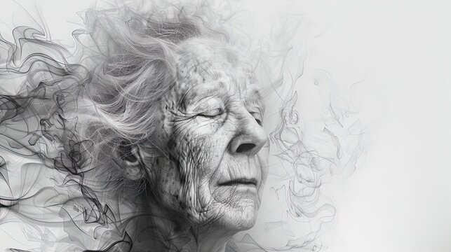 Abstract illustration of an elderly woman's face with closed eyes, surrounded by swirling lines. Digital art portrait in monochrome. Concept of wisdom and reflection. Design for poster.
