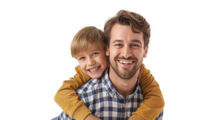 Portrait of happy father and son isolated on a white background