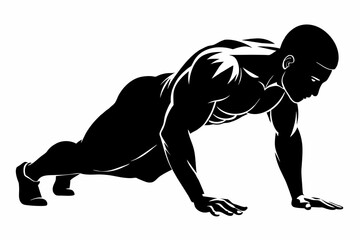 Bodybuilder performing a push-up on the ground vector silhouette 